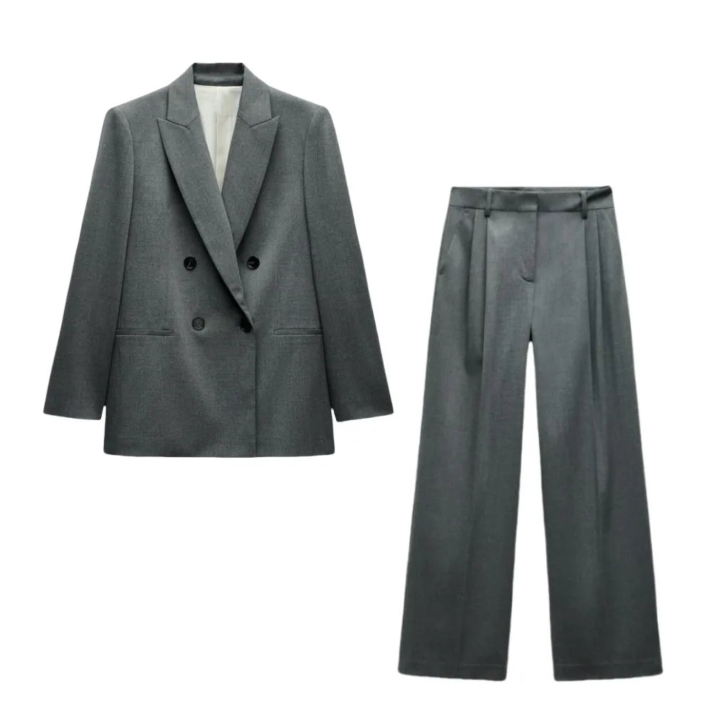 ETJ 2025  Women's Spring New suit Set with shoulder padded double-breasted blazer & high-waisted pleated wide-legged pants