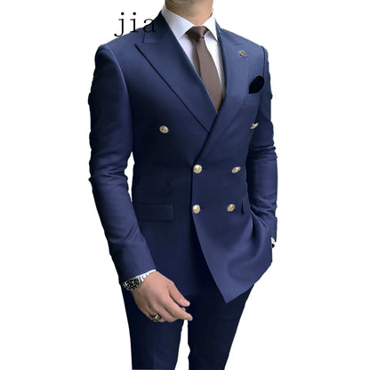 2024 Fashion New Men's Business Double Breasted Solid Color Suit Coat / Male Slim Wedding 2 Pieces Blazers Jacket Pants Trousers