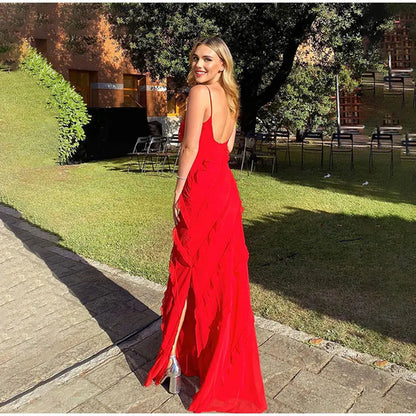 New 2026 Women's Ruffles Chiffon Maxi Dress Backlesss Split Sexy Porm Dress Red Long Summer Wedding Party Dress Elegant Vestidos