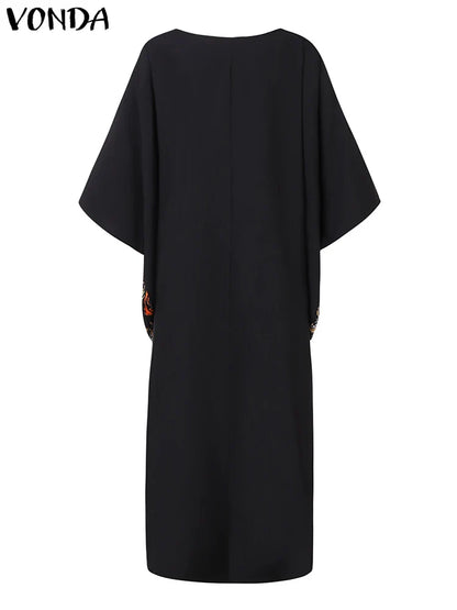 Plus Size VONDA Women Foral Printing Bohemian Maxi Dress 2025 Causal Puff Sleeve Sundress Holiday Eelgant Vestido NO Tassel