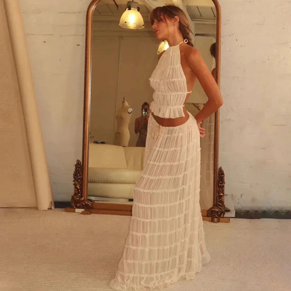 Beach Dresses Women 2024 Skirt Set Sleeveless Backless Cropped Halter Tops Drawstring Long Skirts Elegant Fashion 2 Piece Sets