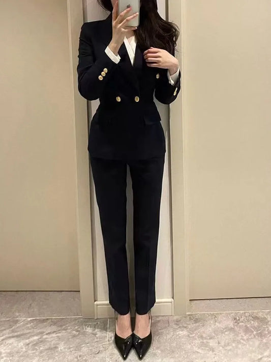 Navy Black Fashion Women Pant Suit Long Sleeve Solid Ladies Blazer and Trouser Formal 2 Piece Set For Autumn Winter