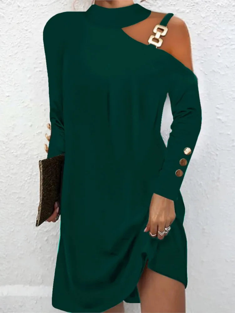 Fashion Women Solid Casual Dress Autumn Winter Female Elegant Long Sleeve Metal Buckle Halter Neck Casual Mini Dress Robe Femme