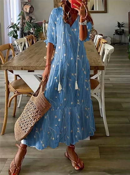 New Women's Spring Summer Dress Sexy V-neck Drawstring Printed Long-sleeved Dress Casual Loose Fashion Elegant Fresh Sweet Dress