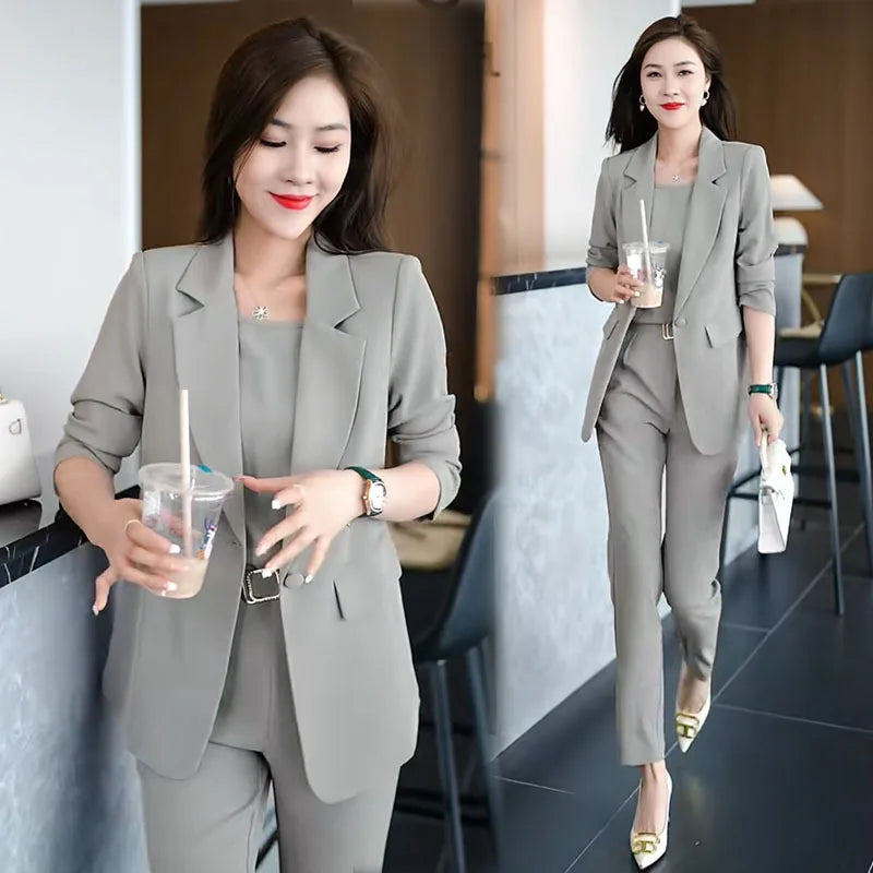 Summer Thin Jacket Blazer Casual Pencil Pants Vest Three Piece Set Elegant Women's Pants Set Office Outfits Business Clothing