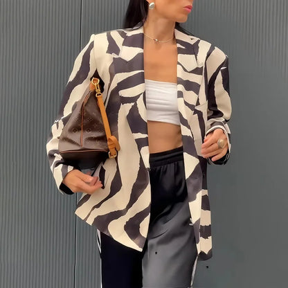 KONDALA Vintage Zebra Print Women Suits V Neck Oversized Long Blazer High Waist Wide Leg Pants Fashion 2025 Fall Streetwear Suit