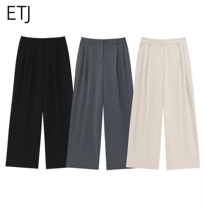 ETJ 2025  Women's Spring New suit Set with shoulder padded double-breasted blazer & high-waisted pleated wide-legged pants