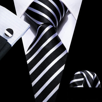 Barry.Wang Black White Gray Silver Silk Men Tie Handkerchief Cufflinks Set Jacquard Necktie for Male Wedding Business Party Gift