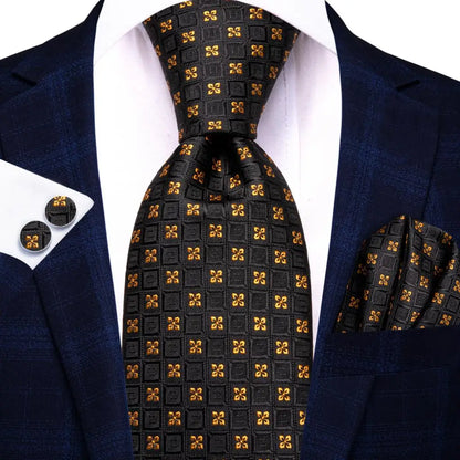 Hi-Tie Psialey Black Gold Silk Elegant Tie For Men Groom Wedding Men Necktie Pocket Square Cufflink Accessory Wholesale Designer