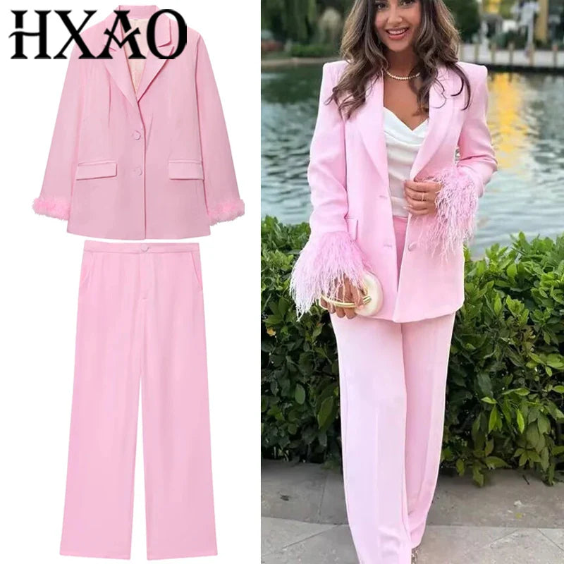 HXAO Feather Blazer And Pants Sets Women's Two Pieces Set Formal Pink Suit Woman Office Wear 2 Piece Sets Ladies Blazer Sets