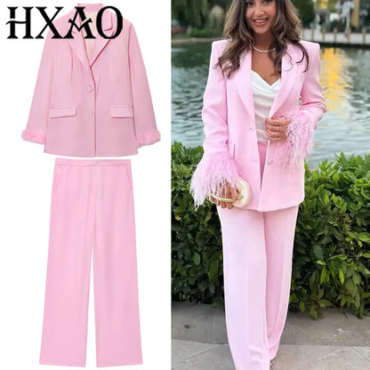 HXAO Feather Blazer And Pants Sets Women's Two Pieces Set Formal Pink Suit Woman Office Wear 2 Piece Sets Ladies Blazer Sets