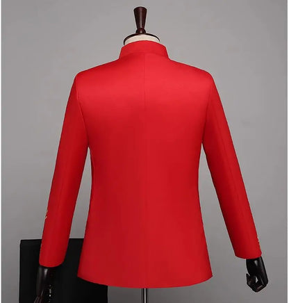 New Men Standing Collar Embroidered Suit 2 Piece Fashion Male Business Social Wedding Prom Stage Performance Dress Blazer Pant