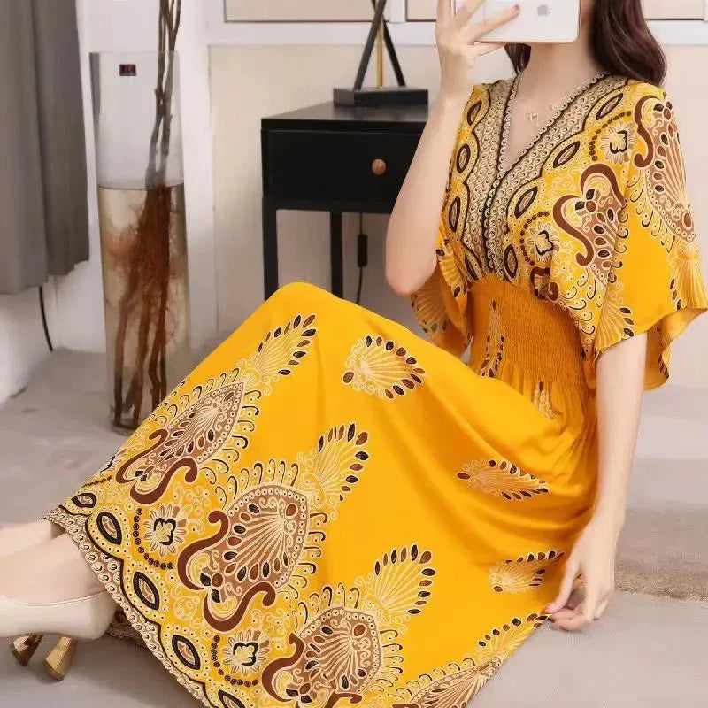 Spring New In Women's Dress V-Neck Short Sleeve Dress Elegant Sweet Print Dress Casual Retro Boho Elastic Waist A-Line Dress