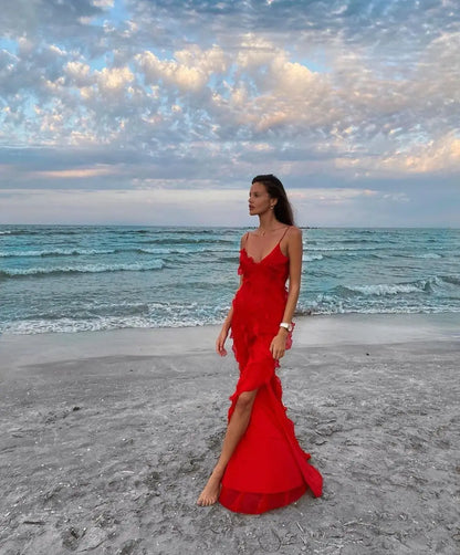 New 2026 Women's Ruffles Chiffon Maxi Dress Backlesss Split Sexy Porm Dress Red Long Summer Wedding Party Dress Elegant Vestidos
