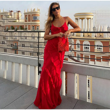 New 2026 Women's Ruffles Chiffon Maxi Dress Backlesss Split Sexy Porm Dress Red Long Summer Wedding Party Dress Elegant Vestidos