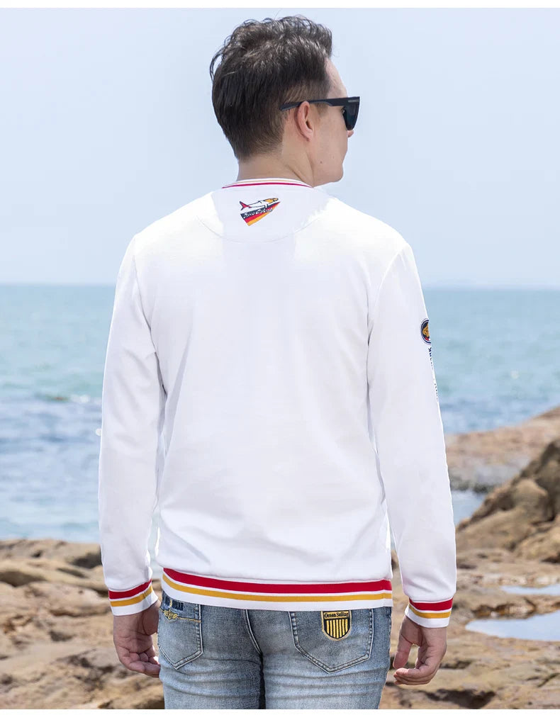 Spring New Men' T-Shirts Round Neck Solid Color Long sleeved Tops Bruce&Shark Thicken Stretch Cotton Men's Clothing Korea Style