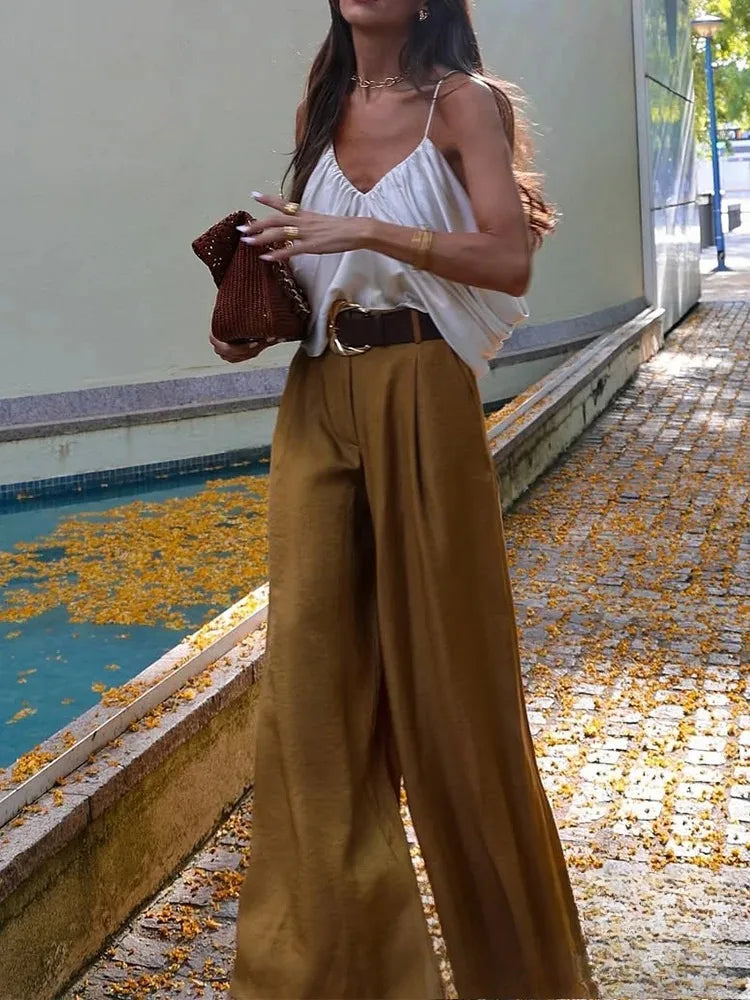 KONDALA Casual Chic Yellow Satin Women Suits V Neck Buttons Vest High Waist Wide Leg Pants Fashion 2025 Summer Holiday Suits