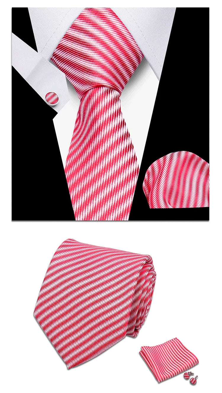 Classic Elegant Ties For Men Fashion Gifts Striped Solid Necktie Handchief Cufflink 3 Pcs Set Wedding Business Suit Accessories