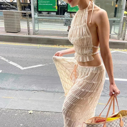 Beach Dresses Women 2024 Skirt Set Sleeveless Backless Cropped Halter Tops Drawstring Long Skirts Elegant Fashion 2 Piece Sets