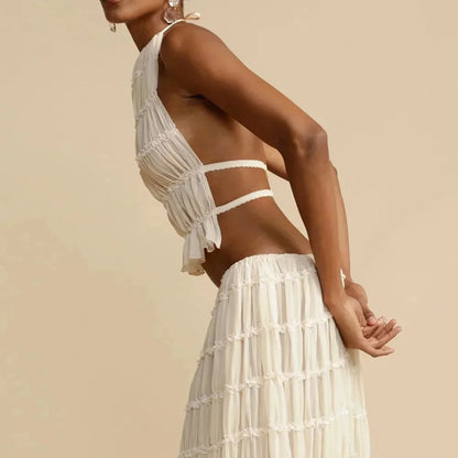Beach Dresses Women 2024 Skirt Set Sleeveless Backless Cropped Halter Tops Drawstring Long Skirts Elegant Fashion 2 Piece Sets