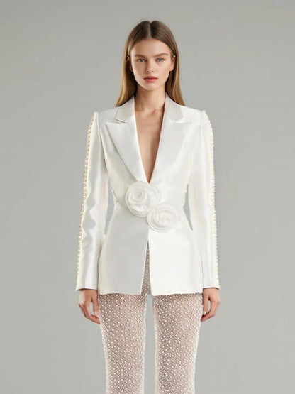 Patchwork Appliques Casual Blazers For Women Notchd Collar Long Sleeve Spliced Pearls Hollow Out Temperament Blazer Female