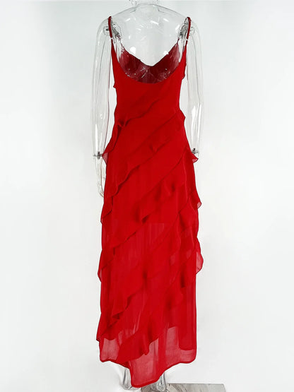 New 2026 Women's Ruffles Chiffon Maxi Dress Backlesss Split Sexy Porm Dress Red Long Summer Wedding Party Dress Elegant Vestidos