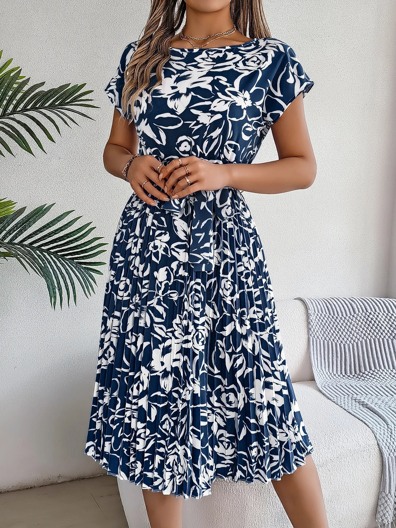 Spring Summer Elegant Flower Print Dress Short Sleeve Folded Dresses for Women Mother's Day