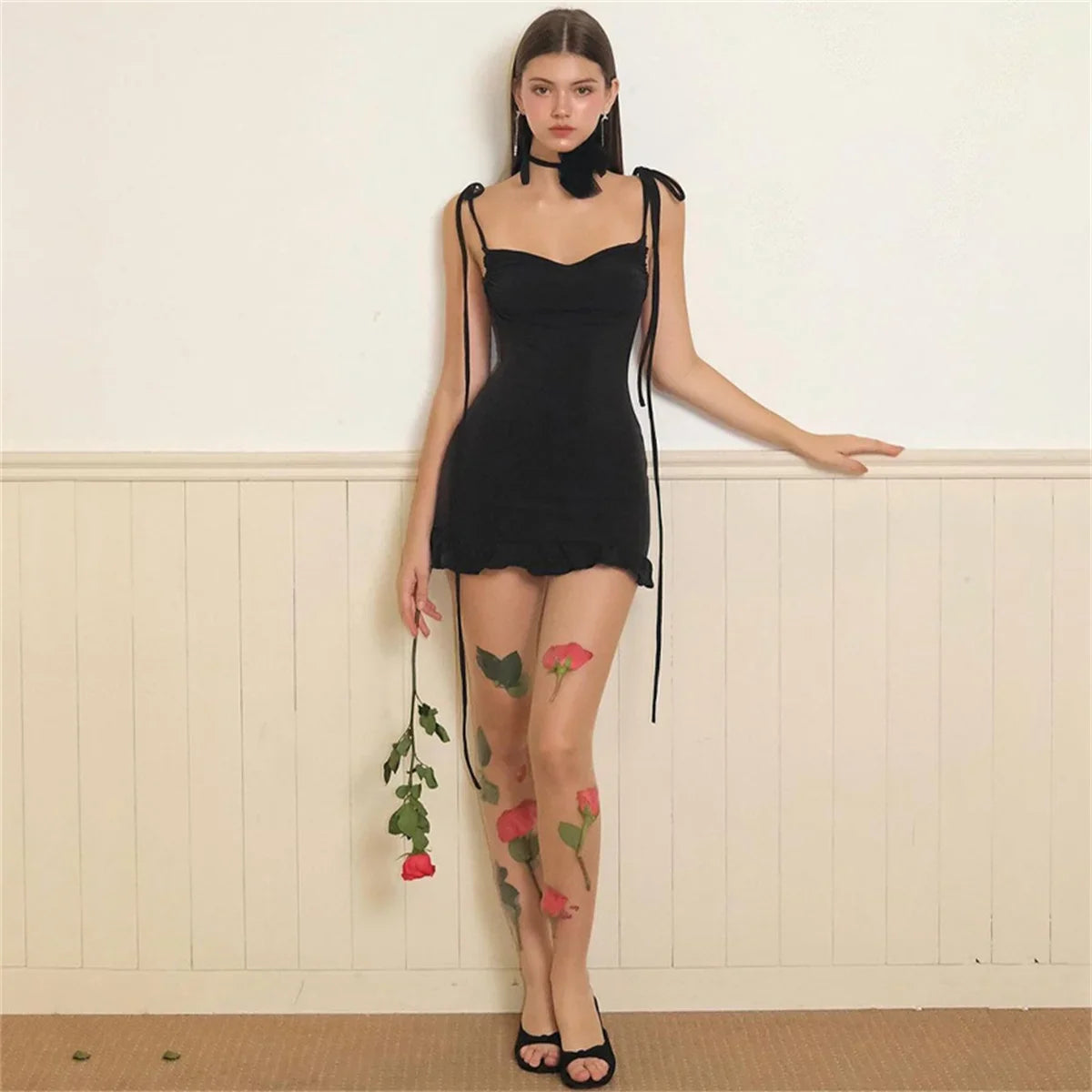 2024 European and American New High end Y2K Sexy Open Back Lace up Slim Fit Spicy Girl Short Skirt Summer Party Club Mini Dress