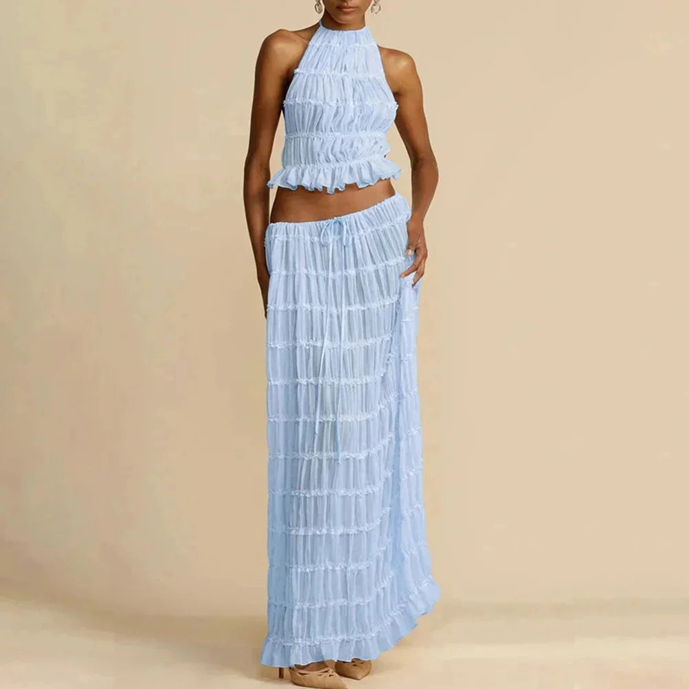 Beach Dresses Women 2024 Skirt Set Sleeveless Backless Cropped Halter Tops Drawstring Long Skirts Elegant Fashion 2 Piece Sets