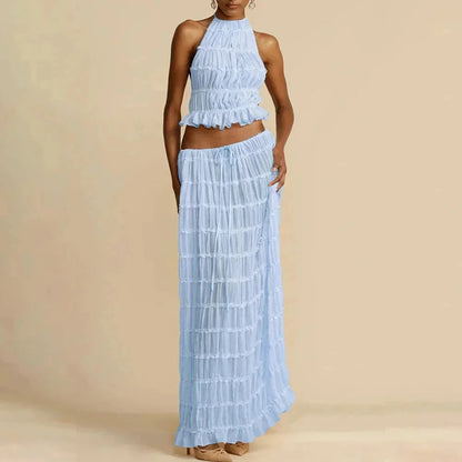 Beach Dresses Women 2024 Skirt Set Sleeveless Backless Cropped Halter Tops Drawstring Long Skirts Elegant Fashion 2 Piece Sets