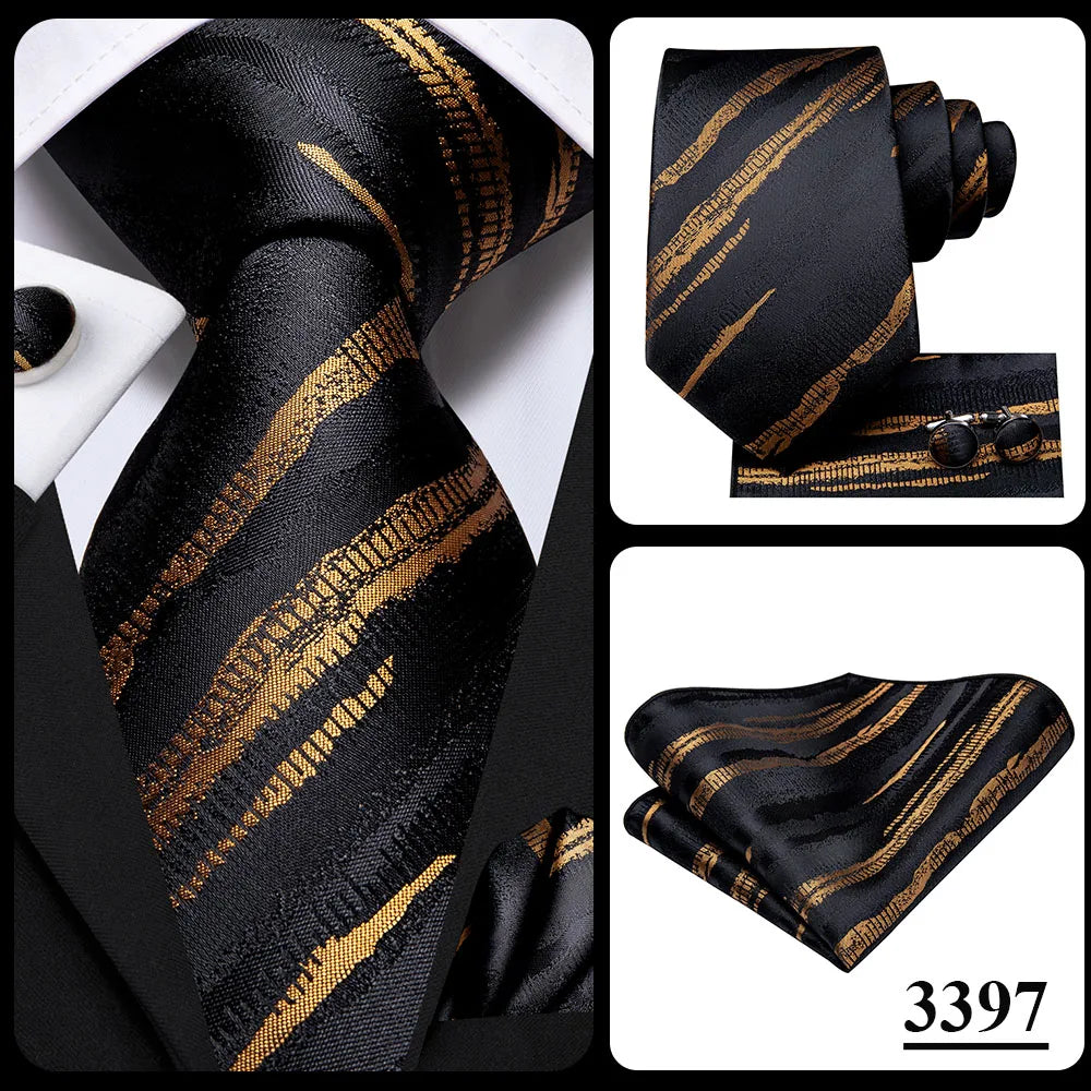 Hi-Tie Psialey Black Gold Silk Elegant Tie For Men Groom Wedding Men Necktie Pocket Square Cufflink Accessory Wholesale Designer