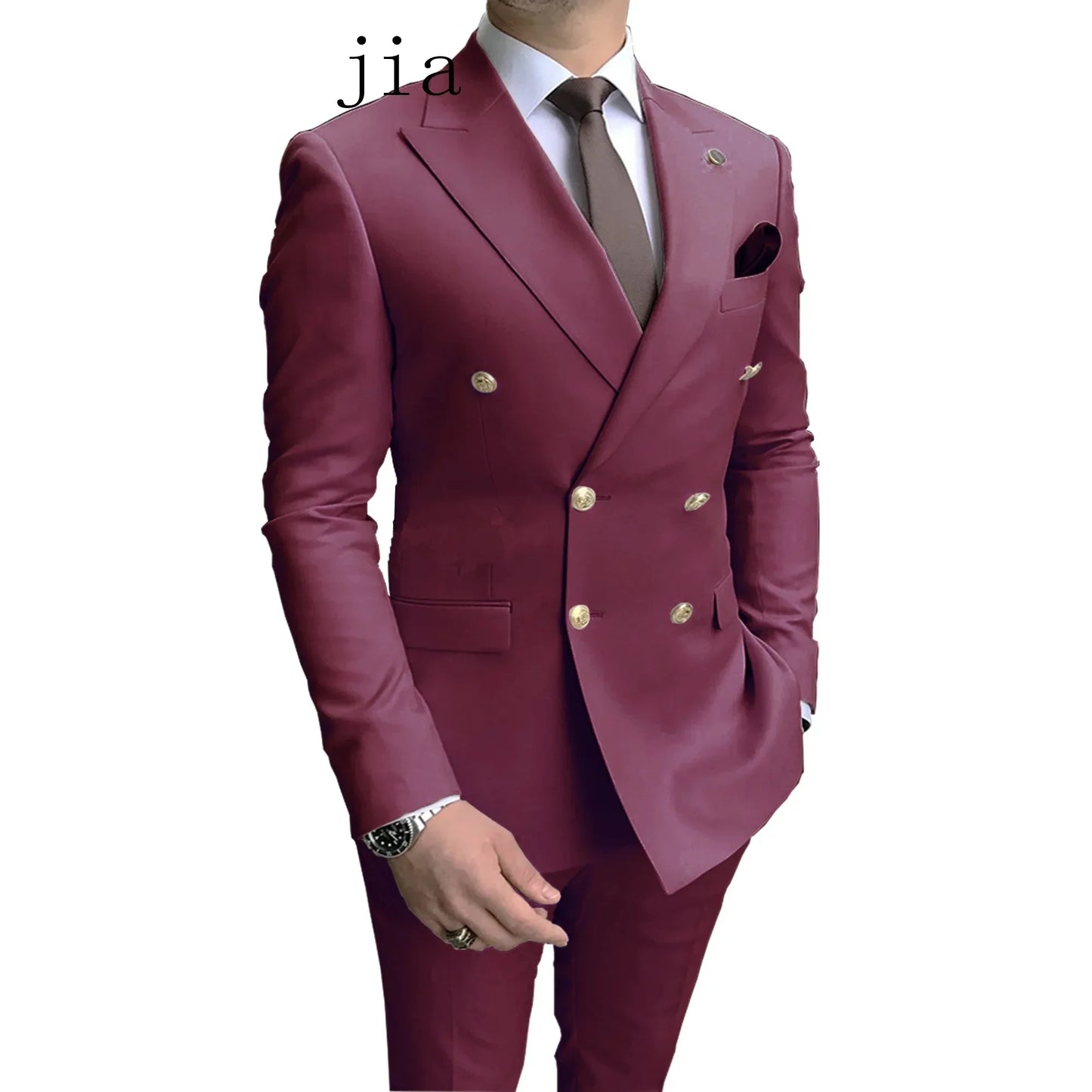 2024 Fashion New Men's Business Double Breasted Solid Color Suit Coat / Male Slim Wedding 2 Pieces Blazers Jacket Pants Trousers