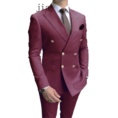 2024 Fashion New Men's Business Double Breasted Solid Color Suit Coat / Male Slim Wedding 2 Pieces Blazers Jacket Pants Trousers