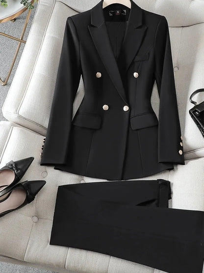Navy Black Fashion Women Pant Suit Long Sleeve Solid Ladies Blazer and Trouser Formal 2 Piece Set For Autumn Winter