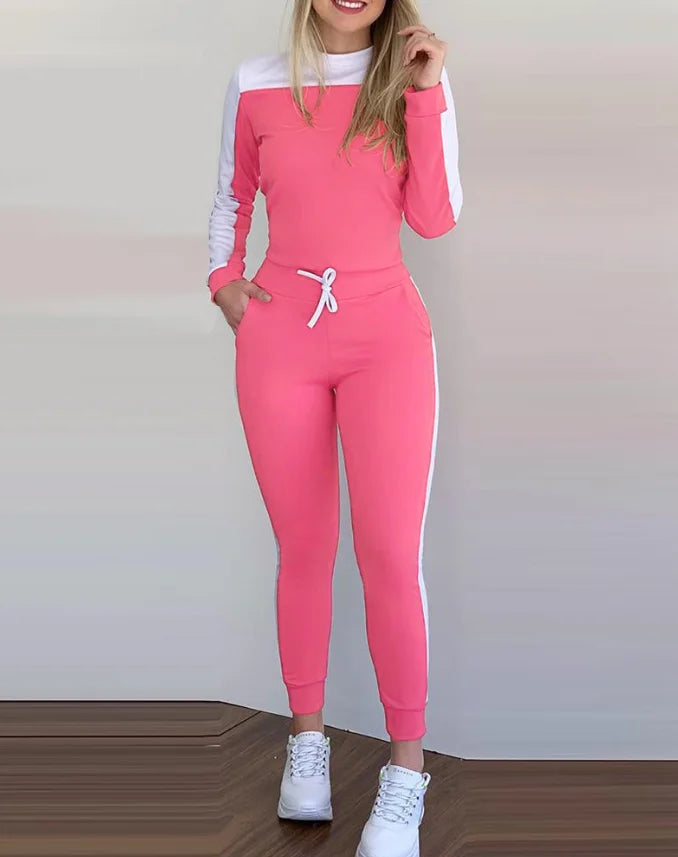Elegant Pants Set for Woman Casual Autumn Color Block Slimming Long Sleeve Top Stretch Tight Drawstring Women's Matching Sets