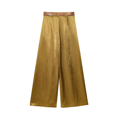 KONDALA Casual Chic Yellow Satin Women Suits V Neck Buttons Vest High Waist Wide Leg Pants Fashion 2025 Summer Holiday Suits