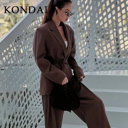 KONDALA 2026 Spring Office Lady Elegant Brown Women Suit Fashion Casual Sashes Oversized Shrug Blazer Chic Zipper Long Pant