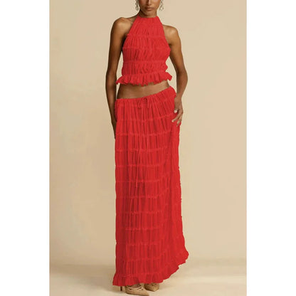 Beach Dresses Women 2024 Skirt Set Sleeveless Backless Cropped Halter Tops Drawstring Long Skirts Elegant Fashion 2 Piece Sets