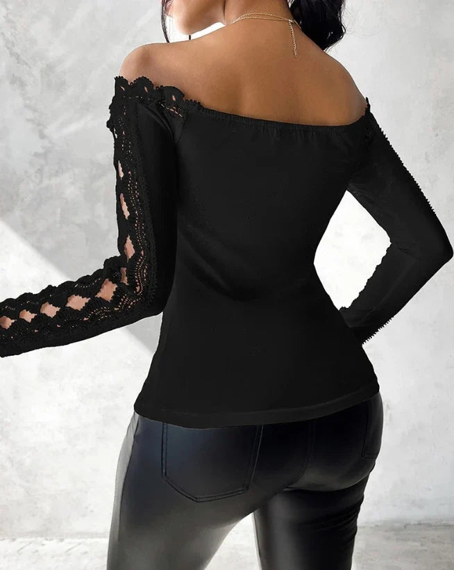 2023 Autumn Winter Spring New Fashion Casual Sexy Blouses Off Shoulder Hollow Out Lace Top Female Clothing TShirts Pullover Tops