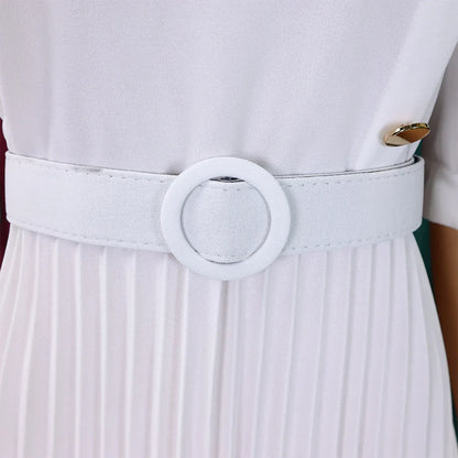 Elegant Office Pleated Dresses for Woman 2024 O Neck Buttons Belt Waisted Mid Calf Fashion Female Business Work Wear Dress Midi