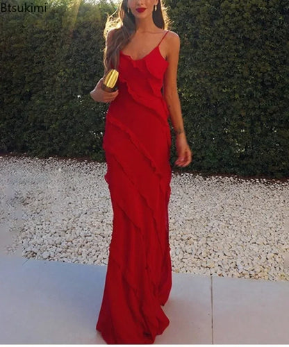 New 2026 Women's Ruffles Chiffon Maxi Dress Backlesss Split Sexy Porm Dress Red Long Summer Wedding Party Dress Elegant Vestidos