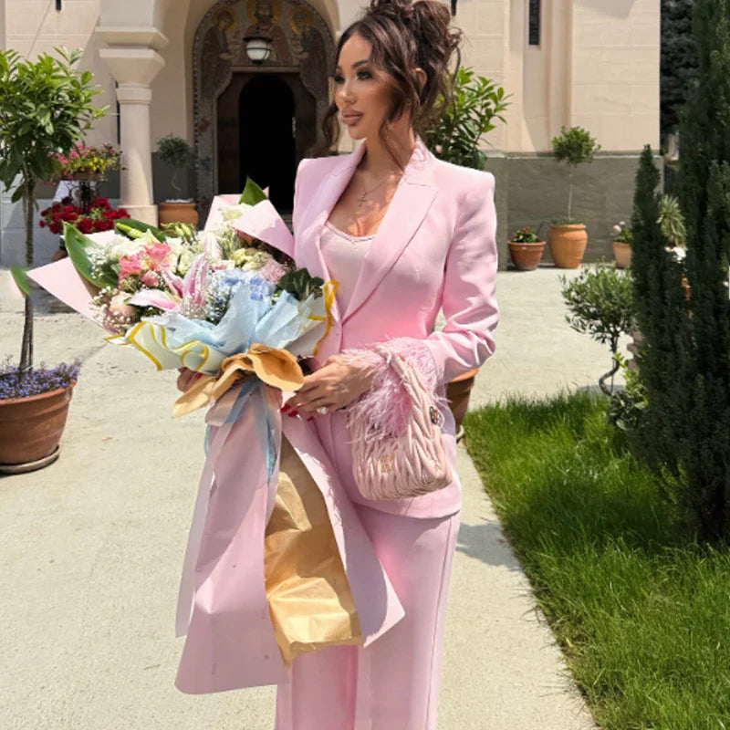 HXAO Feather Blazer And Pants Sets Women's Two Pieces Set Formal Pink Suit Woman Office Wear 2 Piece Sets Ladies Blazer Sets