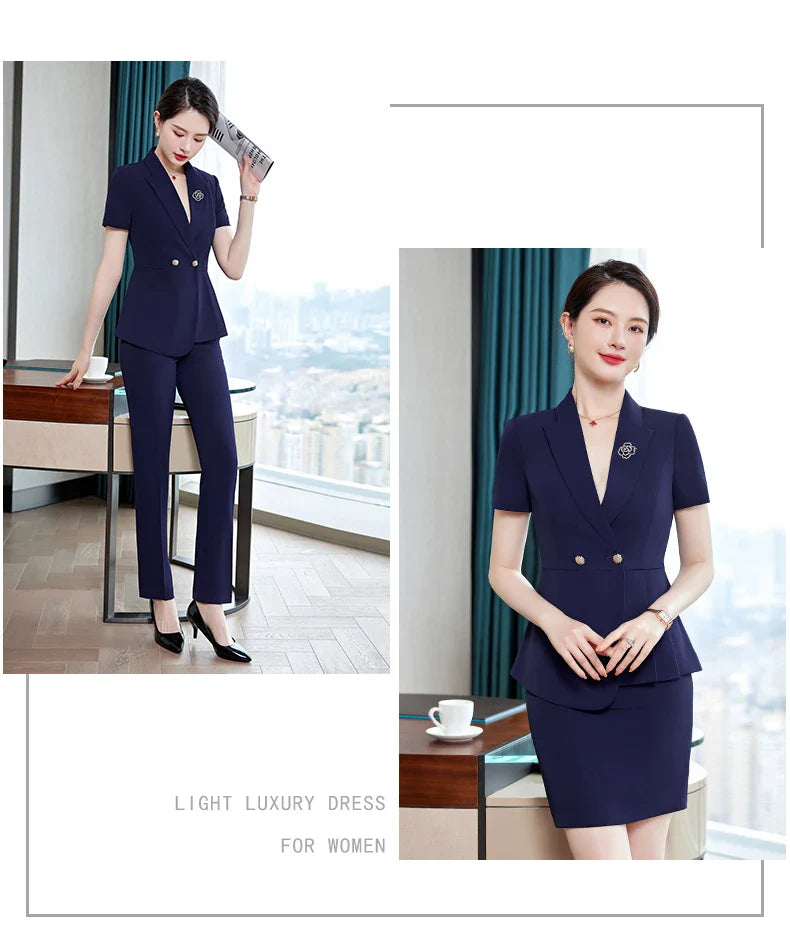 NAVIU Fashion Pink Short Sleeve Professional Suit Women New Summer Elegant Formal Slim Blazer And Pants Office Ladies Work Wear