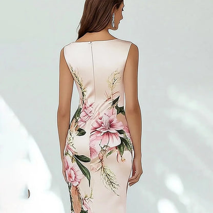 Sexy Bodycon Midi Dress Women 2025 Summer Sleeveless V-neck Slim Flower Print Dresses Elegant