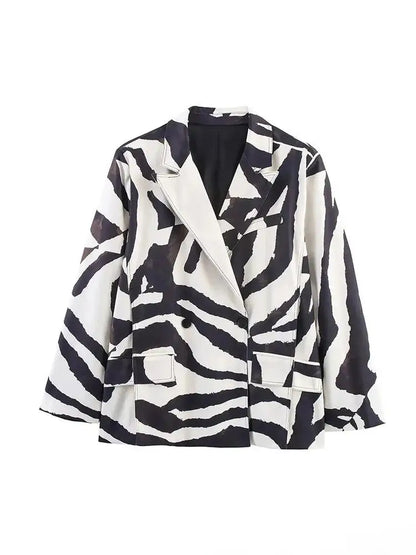 KONDALA Vintage Zebra Print Women Suits V Neck Oversized Long Blazer High Waist Wide Leg Pants Fashion 2025 Fall Streetwear Suit
