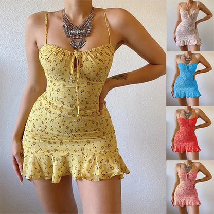 Floral Print Spaghetti Strap Dresses Women Sexy Low Cut Hollow Out Leace-up Package Hip Ruffles Mini Dress Female Vestidos 2024