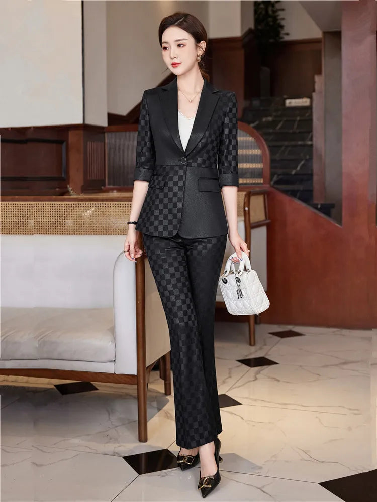 Summer Pants Sets For Women 2 Piece Set Half Sleeve Blazer &Trousers Suit Gray White Hight Quality Chic Elegant Business Outfit