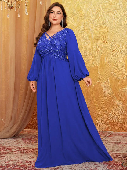 Plus size pink sequined long-sleeved sequined floor-length chiffon evening dress Big Size luxury sparkling banquet Prom Gown