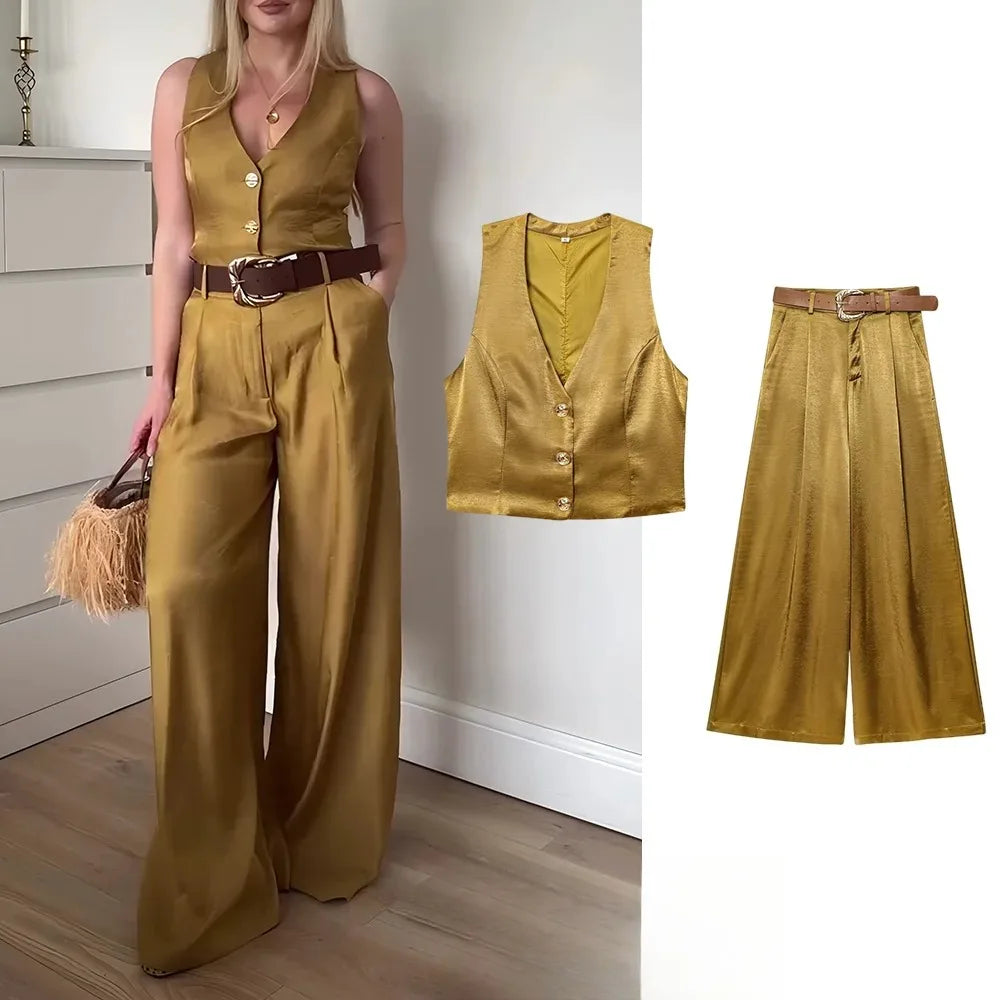 KONDALA Casual Chic Yellow Satin Women Suits V Neck Buttons Vest High Waist Wide Leg Pants Fashion 2025 Summer Holiday Suits