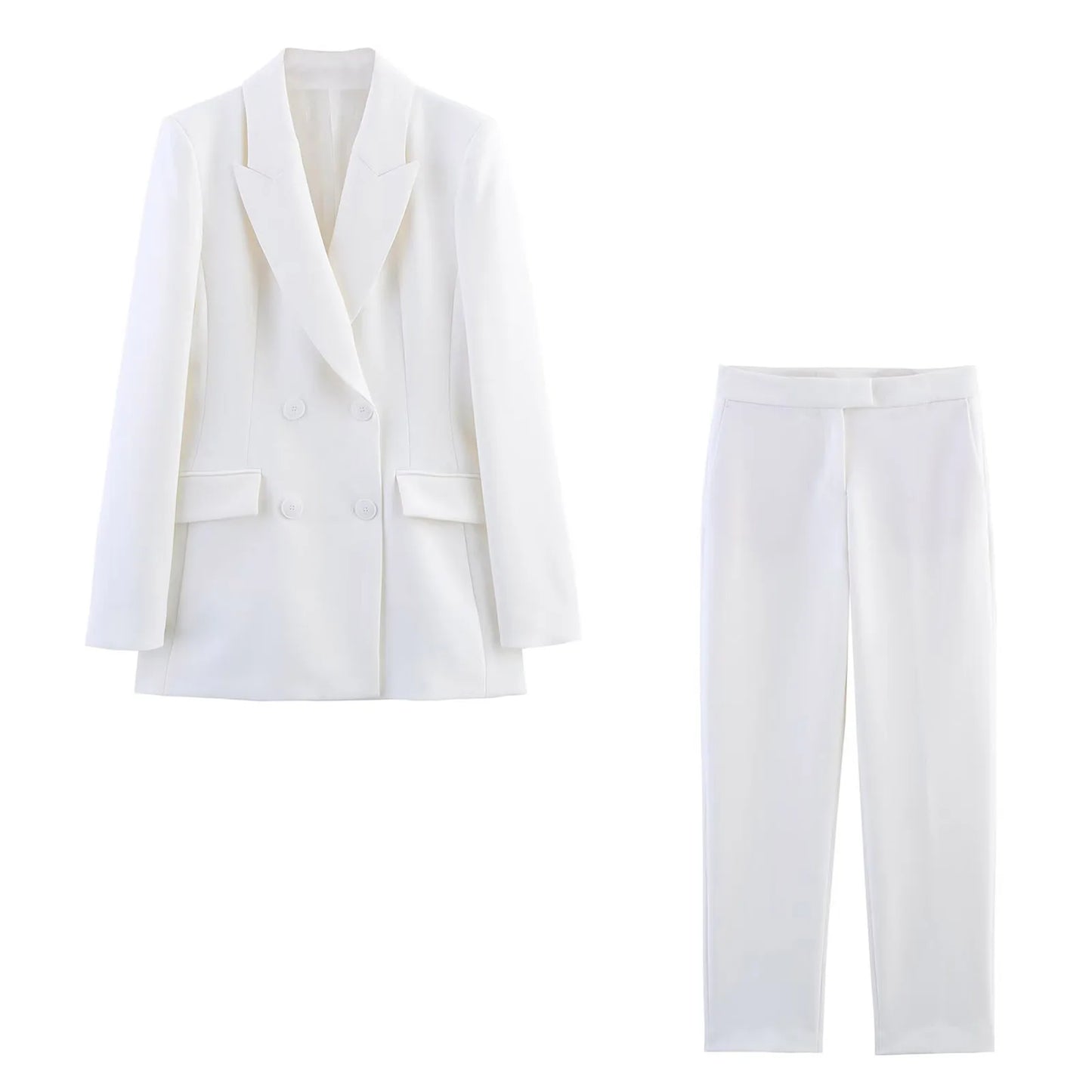 HH Women New Fashion Blazer Suit Lapel Double-Breasted Pocket Casual Coat+Chic High Waist Loose Zipper Slim Long Pants Suit